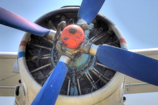 A Antonov AN2 biplane engine detail with exposed engine.