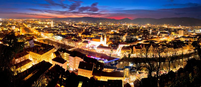 Graz aerial night panoramic view from Schlossberg, Styria region of Austria