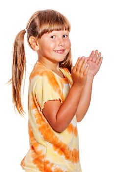 Happy clapping six years girl portrait isolated