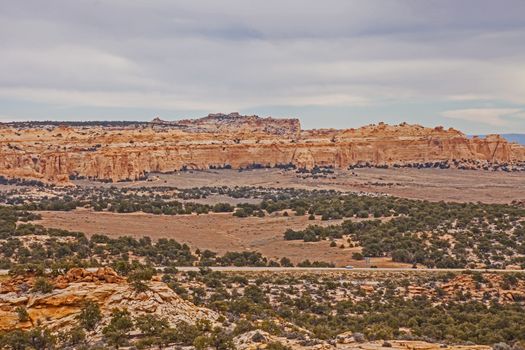 Scenic landscape in Interstate 70 in Utah near Spotted Wolf Canyon.