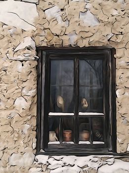 Artistic illustration of an old wooden window with a couple of spoons and some cups inside