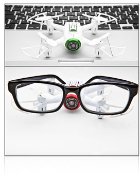 small quadrocopter drone mini white text keywords notebook glasses rc studio background wallpapers keyboard cmd commando space copy paste view top trend hd 4k video footage montage calibrate move moving start go extreme future robot art creative