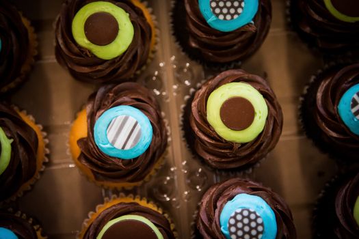 A wide top down shot of colorful icing covered covered cupcakes all put in a row.