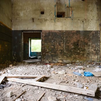 wide angle view of an old wall abandoned factory building