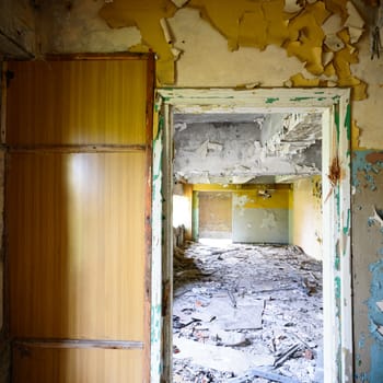 wide angle view of an old wall abandoned factory building