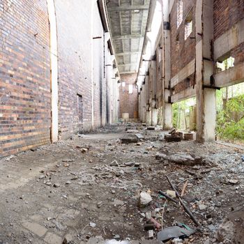 wide angle view of an old wall abandoned factory building