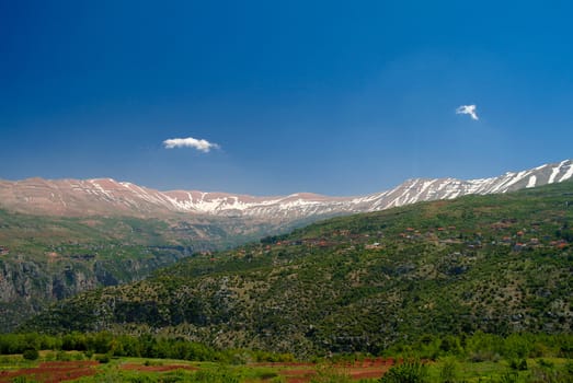 Landscape view to mountains and Kadisha Valley aka Holy Valley in Lebanon