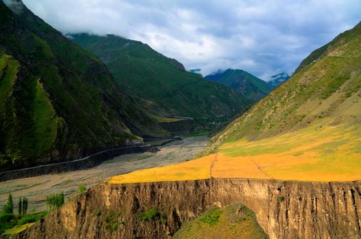 Panorama of Akhtychay river and valley, Midjakh Akhty, Dagestan Russia