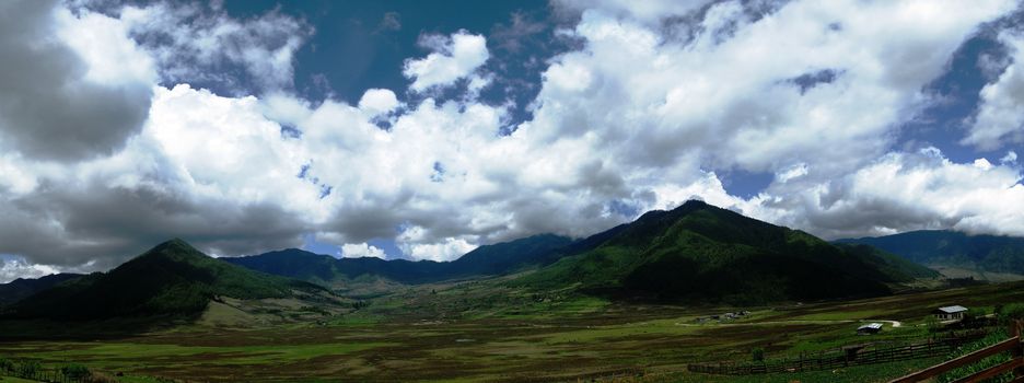 Landscape of mountain Phobjikha valley, Bhutan Himalayas