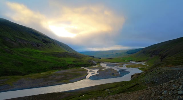 Panorama of Huseyjarkvisl river valley at sunset in Iceland