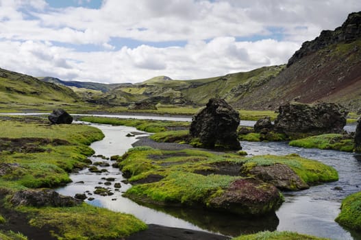 Landscape with Eldgja canyon and spring, south Iceland