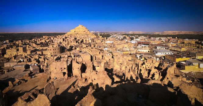 Panorama of old city Shali and mountain Dakrour in Siwa oasis, Egypt