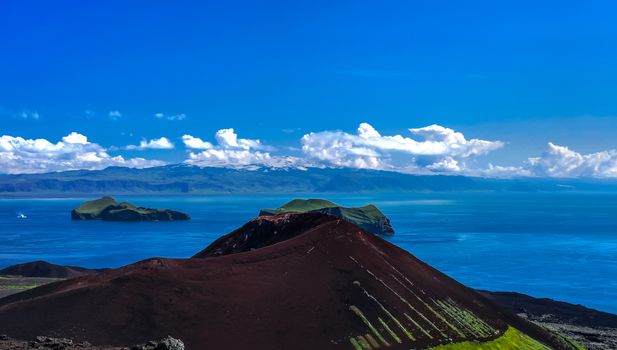 Panorama with Eldfell volcano in Heimaey island, Vestmannaeyjar archipelago, Iceland