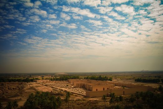 Panorama of partially restored Babylon ruins, Hillah, Iraq