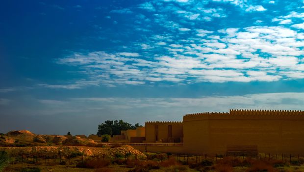 Panorama of partially restored Babylon ruins, Hillah, Iraq