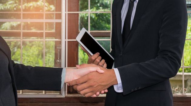 Businessman And Businesswoman Shaking Hands In Office