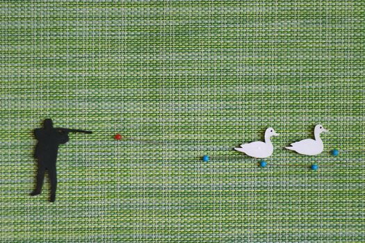 hunter shoot bullet white ducks flat lay, copy space, minimal concept