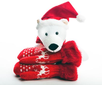 studio quality white background red wool mittens baby winter clothes bear Santa  Claus Christmas gift texture background