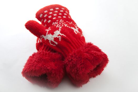 studio quality white background red wool mittens baby winter clothes bear Santa  Claus Christmas gift texture background