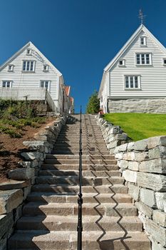 Typical houses and stairs seen from below in Stavanger, Norway