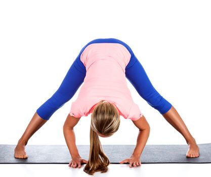 Woman doing yoga exercise, isolated on white background