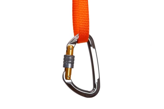 Climbing carabiner with safety lock mechanism attached to an orange nylon webbing