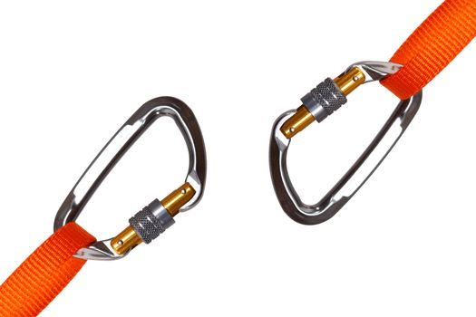 A set of two carabiners with orange nylon webbing straps attached