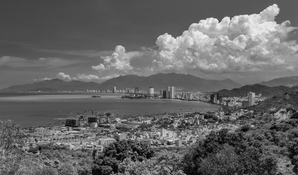 Holiday resort Nha Trang Vietnam on a beautiful sunny day from a view point north of the city converted to black and white.