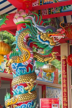 Bangkok / Thailand - October 3, 2017: Dragon statue in Chinese style of general temple roof in Thailand.