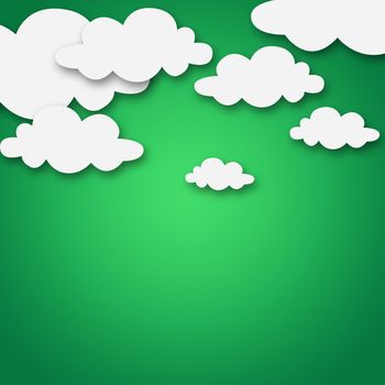 Set of various white clouds on green background