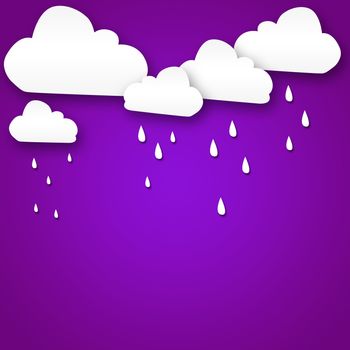 Set of various white clouds on purple background