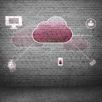 Colorful cloud with business icons on cement wall 