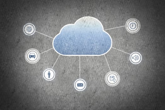 Colorful cloud with business icons on cement wall 