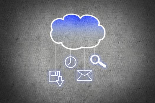 Colorful cloud with business icons on cement wall 