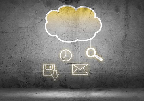 Colorful cloud with business icons on cement wall 