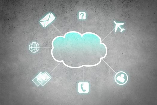 Colorful cloud with business icons on cement wall 