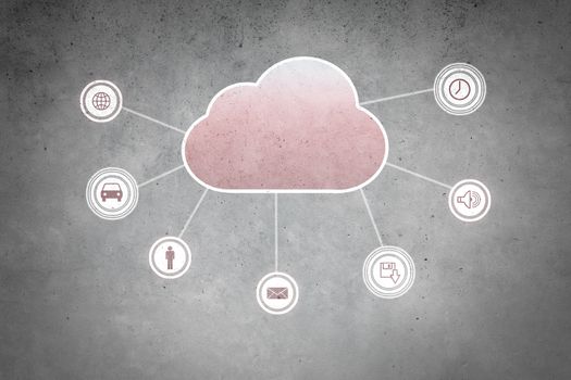 Colorful cloud with business icons on cement wall 