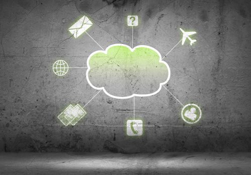 Colorful cloud with business icons on cement wall 