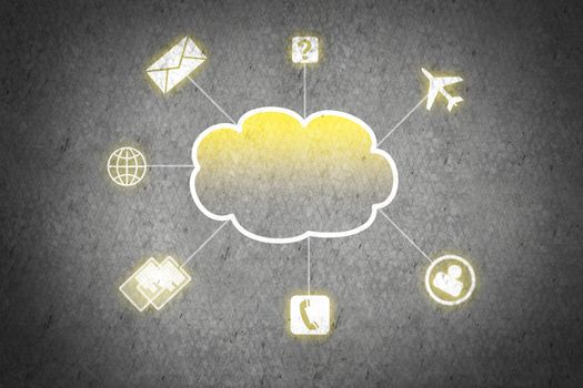 Colorful cloud with business icons on cement wall 