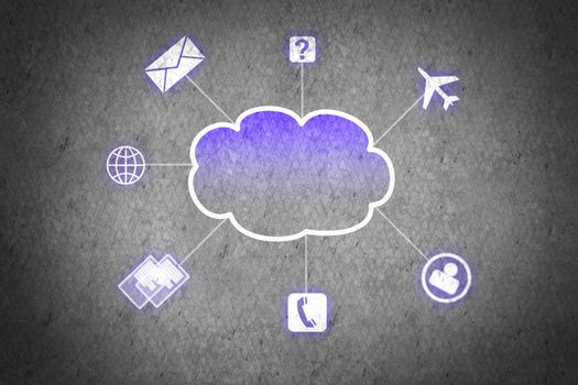 Colorful cloud with business icons on cement wall 