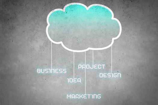 Colorful cloud with business icons on cement wall 