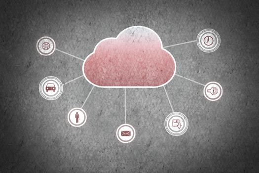 Colorful cloud with business icons on cement wall 