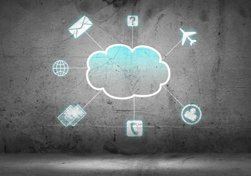 Colorful cloud with business icons on cement wall 