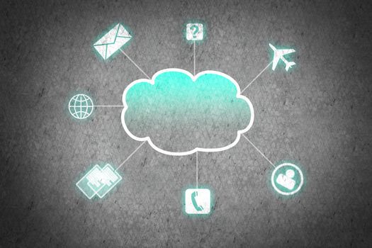 Colorful cloud with business icons on cement wall 