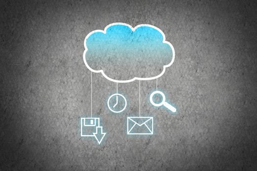Colorful cloud with business icons on cement wall 