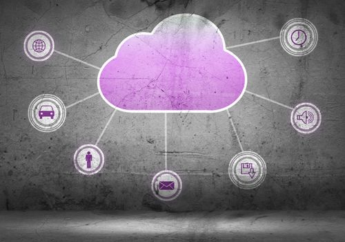 Colorful cloud with business icons on cement wall 