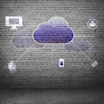 Colorful cloud with business icons on cement wall 