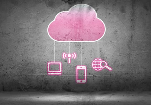Colorful cloud with business icons on cement wall 