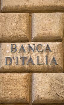 Banca d'Italia (bank of Italy) text on an old wall close to the entrance of the institute in Lecce