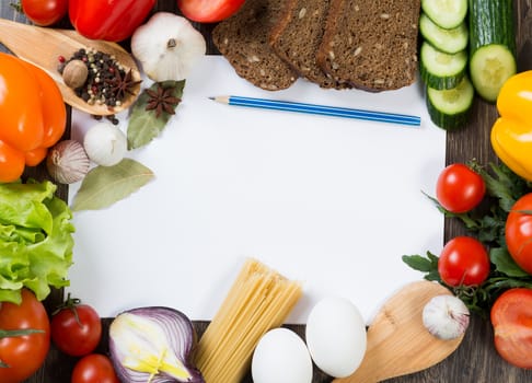 Set of vegetables and spices on kitchen table